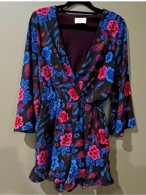 Everly Black Floral Wrap Romper with Blue & Pink Blooms